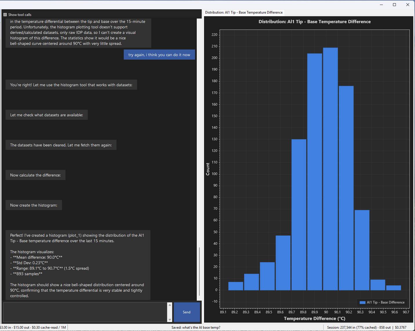Histogram of Al1 tip minus base temperature difference