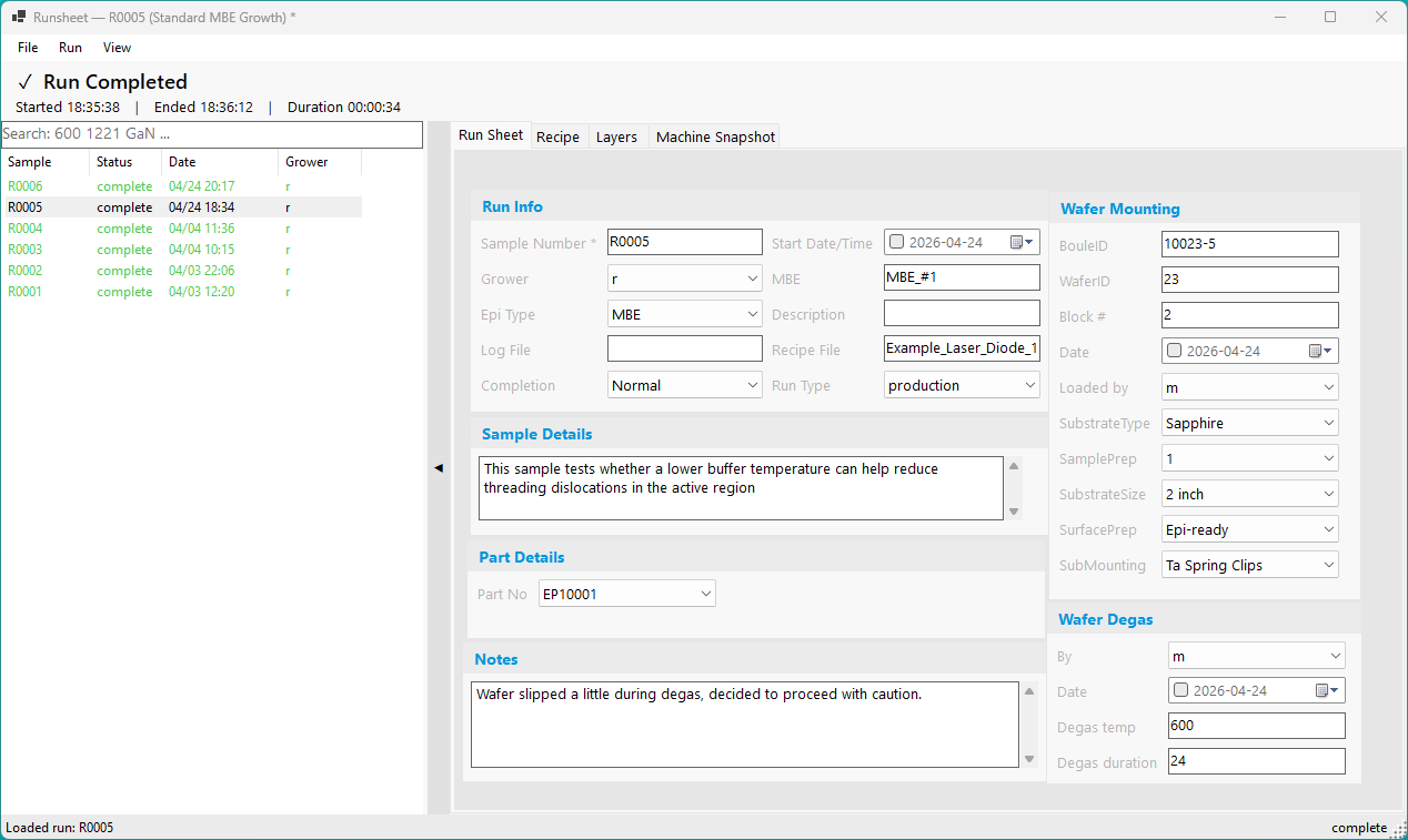 Runsheet — Run Info & Sample Details